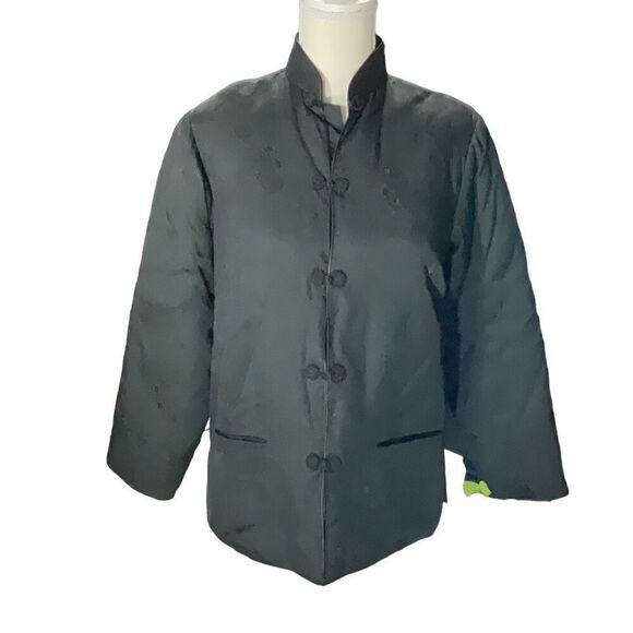 Vintage Plum Blossoms Black Insulated Jacket Long Sleeve Button Down Snaps Sz M - Picture 1 of 8